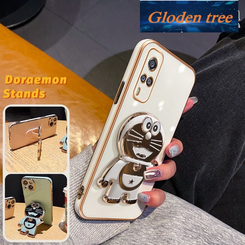 Casing Pohon Gloden Untuk VIVO Y51 2020 Y51a Y31 2021 Y53s Y33 Case Fashion Kartun Doraemon Stand Lipat Phone Case Electroplating Shockproof Phone Holder Case