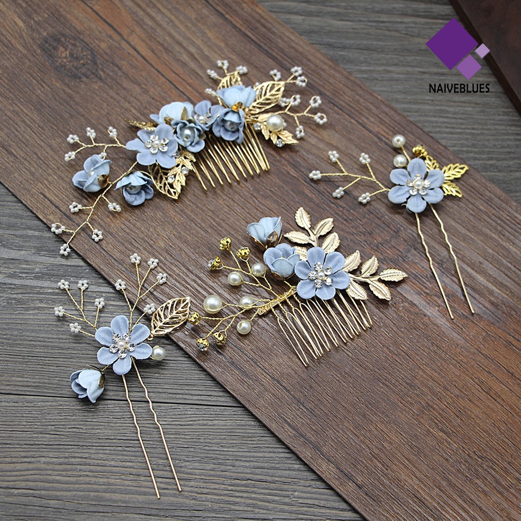 &lt; Naiveblues &gt; 4Pcs Set Pin Rambut Menawan Paduan Indah Mutiara Kristal Daun Pengantin Rambut Klip Untuk