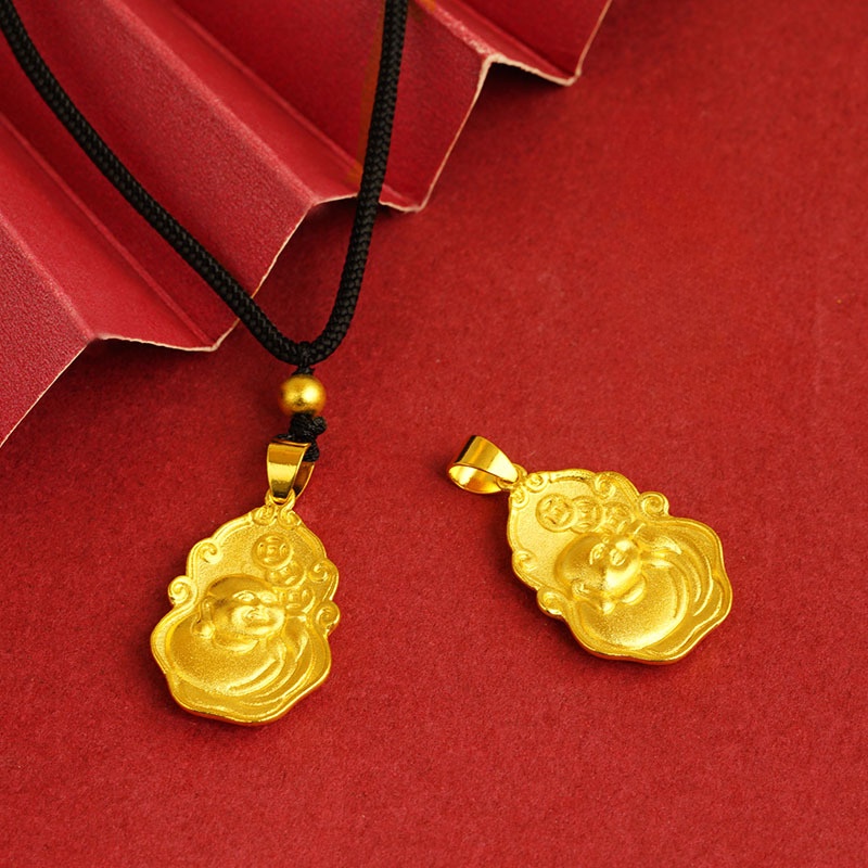 Goldkingdom Fashion Perhiasan 24K Bangkok Aksesoris Ready Stock Satu Daun Berani Kalung Maitreya Buddha Liontin Adjustable Tali Hitam Wanita Pria