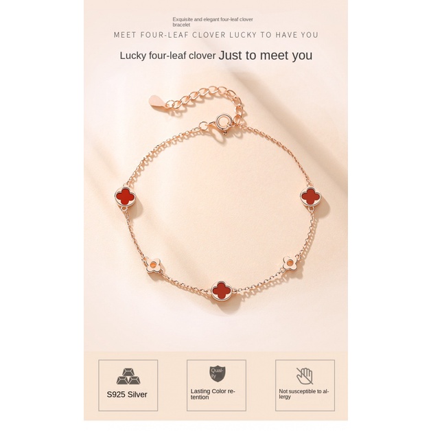 Akik Empat Daun Semanggi Gelang Perempuan Sterling Silver ins Musim Semi Gaya Mori Versi Korea Gelang Pacar Sederhana Keren Gelang