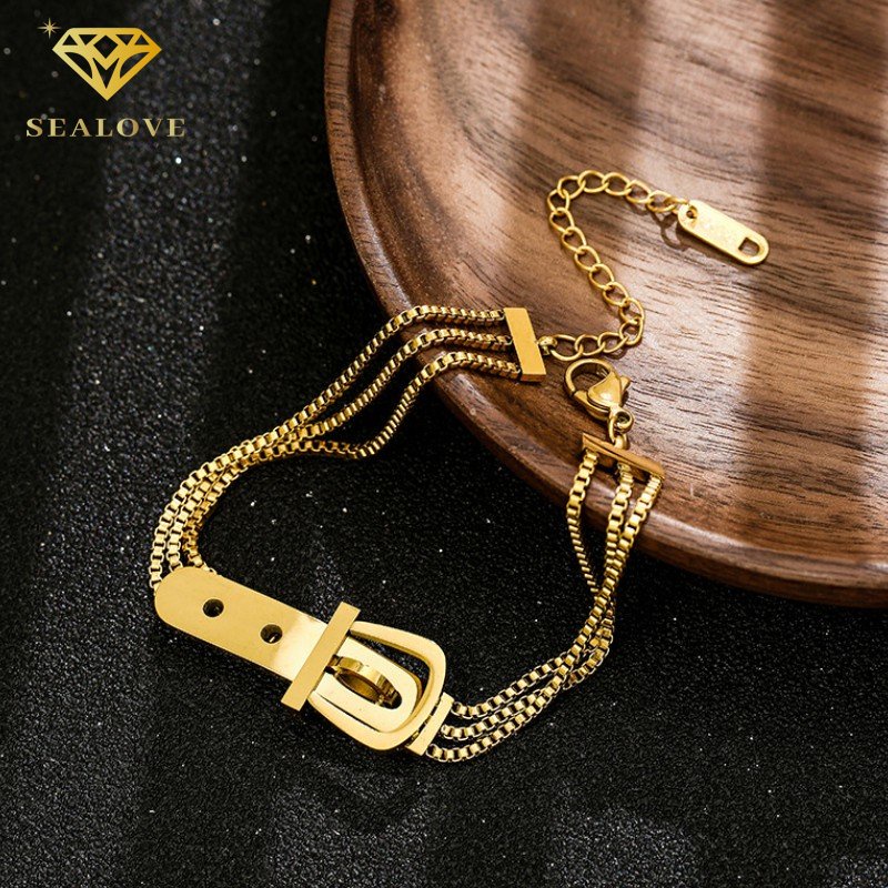 Gelang Titanium Wanita Anti Karat Gesper Sabuk Emas 18K Elegan Fashion Cantik Aksesoris Perhiasan COD