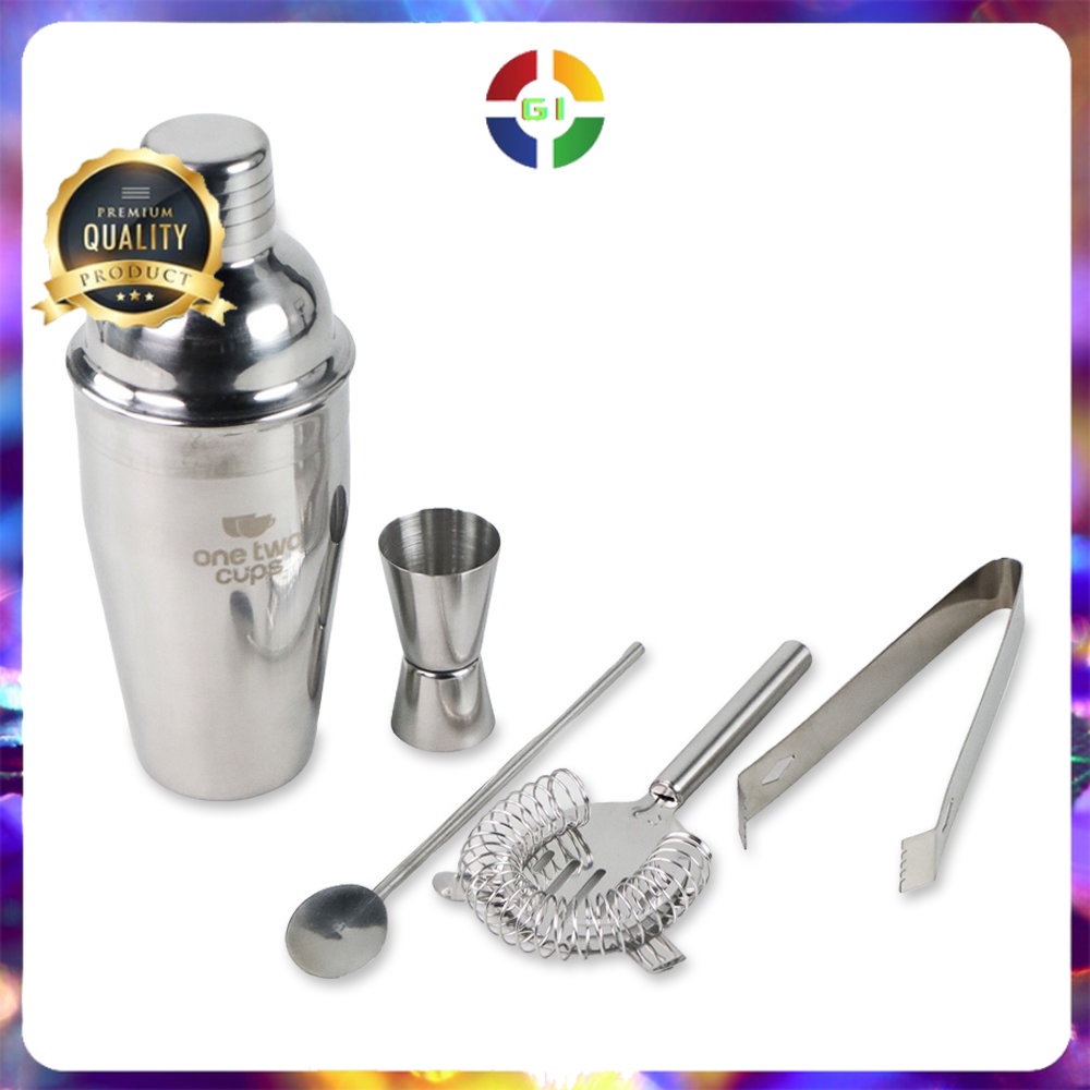 Alat Pembuat  Koktail 1 Set One Two Cups 5 in 1 Bartender Cobbler Cocktail Shaker Set 550ml Stainless Silver