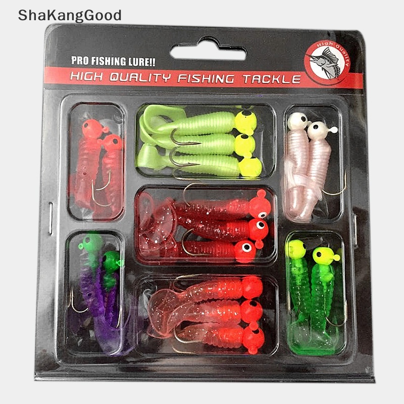 Umpan Pancing Selip Set Jig Lead Head Hooks Cacing Lembut Grub Umpan Ekor Tunggal 17Pcs SKK
