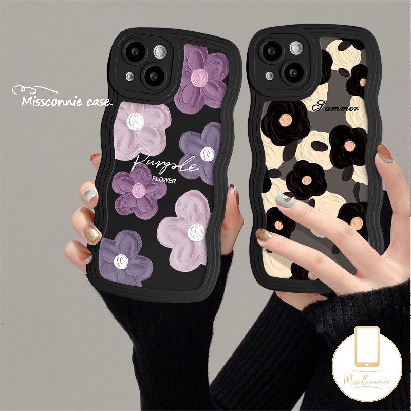 Fashion Hitam Ungu Floral Case Kompatibel Untuk iPhone 11xr 7Plus 11 Pro Max13 14 12 Pro Max 6s 7 8 6 14 Plus X XS Max SE 2020 Art Cat Minyak Bunga Segar Wavy Edge Tpu Soft Cover