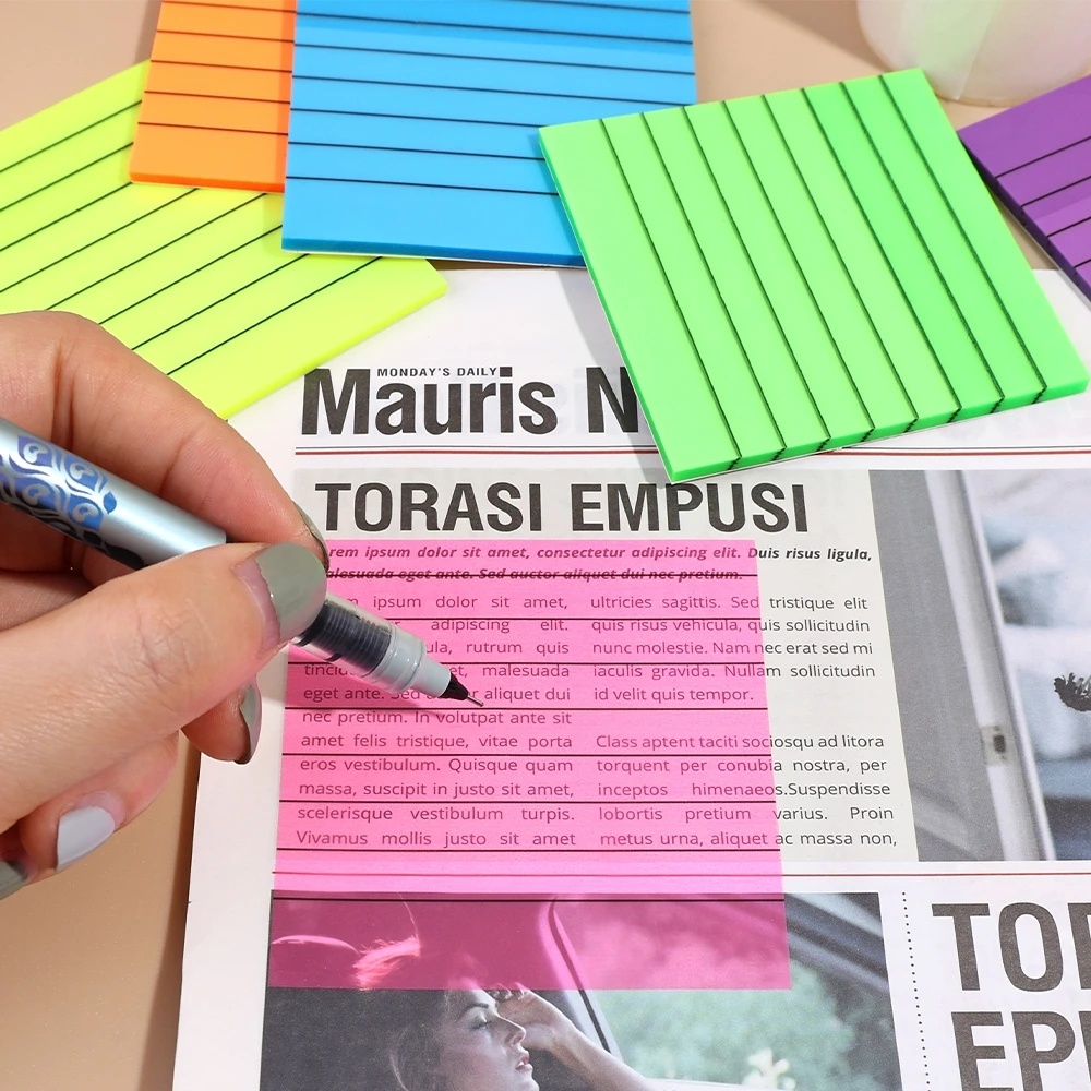 [Harga Grosir] 50lembar Kreatif Tembus Lengket Note Dengan Garis Tahan Air Neon Warna PET Memo Pads Perekat Diri Index Stiker Perlengkapan Alat Tulis Kantor Sekolah