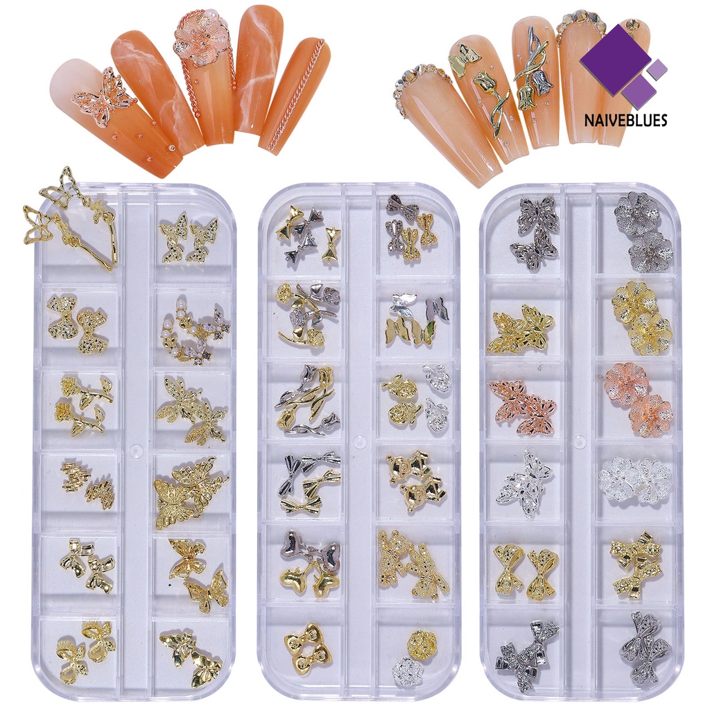 [naiveblues] Nail Art Decor Gaya Campur Tiga Dimensi Berkilau Berkilau 12kisi Ornamen Kupu-Kupu Mewah