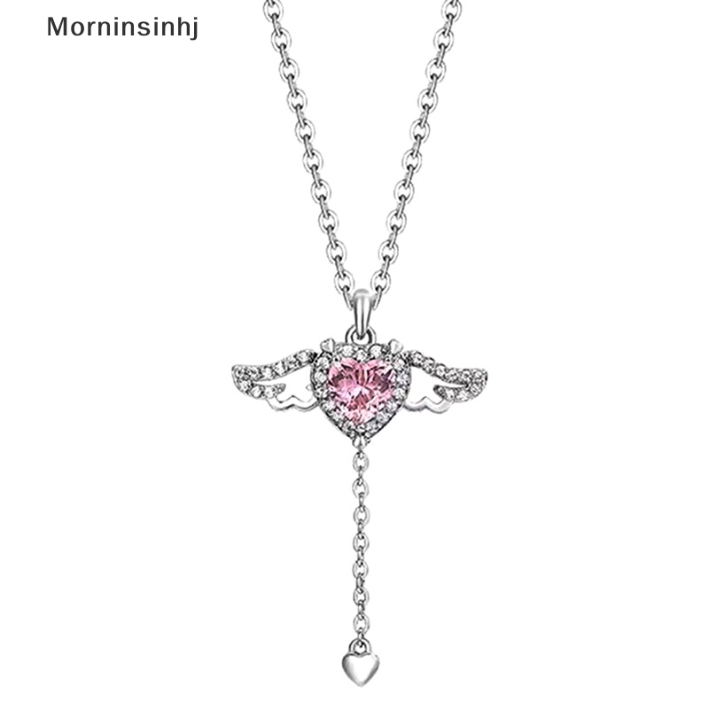 Mornin Kalung Liontin Hati Sayap Malaikat Kristal Pink Untuk Wanita Perhiasan Minimalis Rantai Leher Cewek id