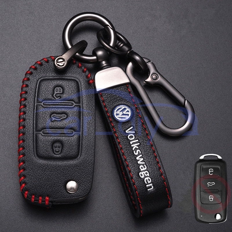 Leather Key Case Cover Remote Mobil Fob Dengan Gantungan Kunci Untuk Volkswagen VW Passat Lavida Sagitar Tiguan Jetta Bora Golf Cangkang Pelindung