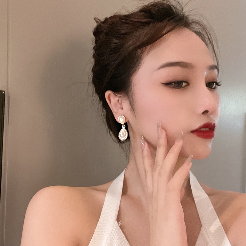 Jarum Perak Korea Fashion Tetesan Air Mutiara Huruf H Anting Perempuan