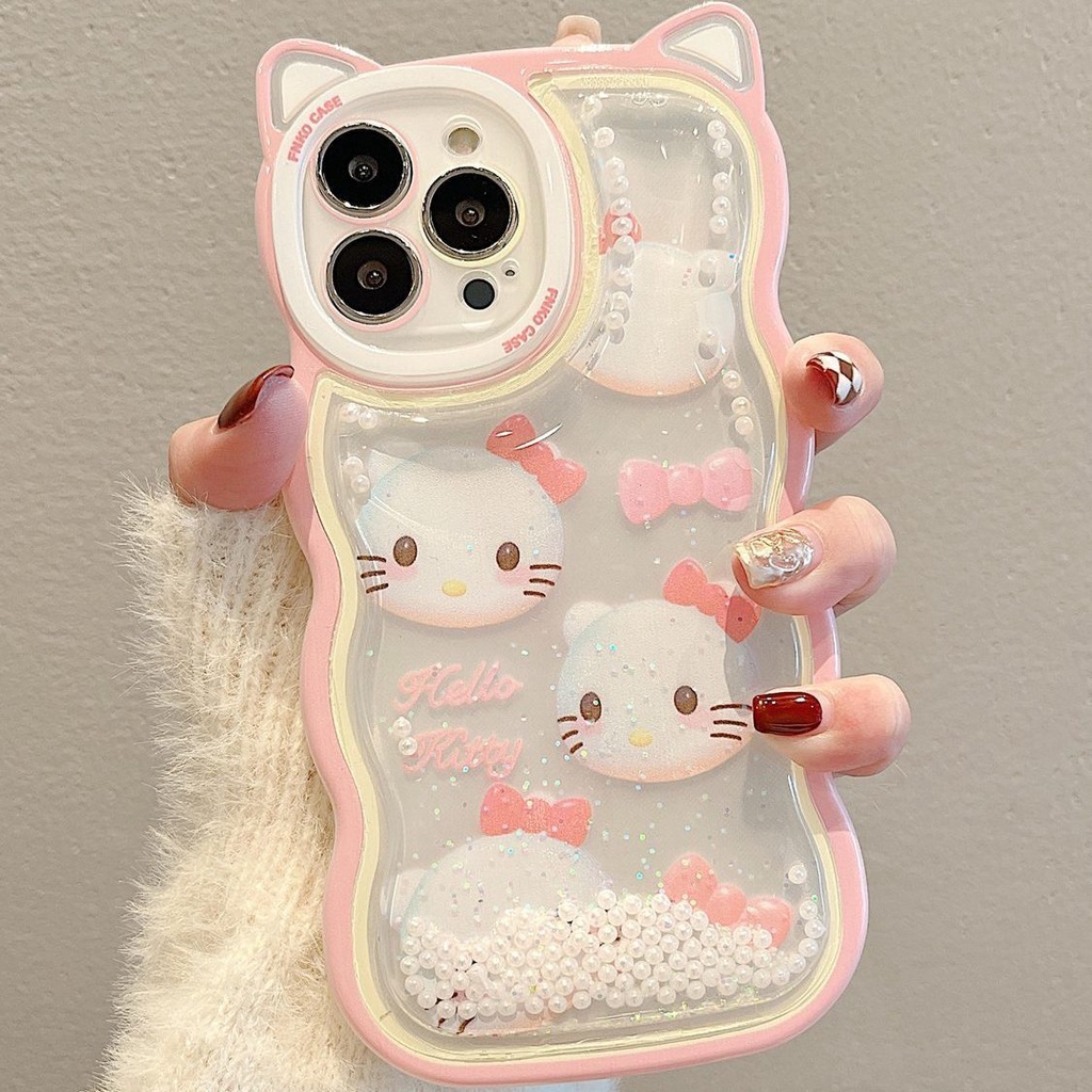 IPHONE Quicksand Telinga Kucing Pink Kitty Cats Desain Bentuk Gelombang Casing Ponsel Kompatibel Dengan Iphone12 13 14 11 Pro Max X Xs Max Xr Ddwws