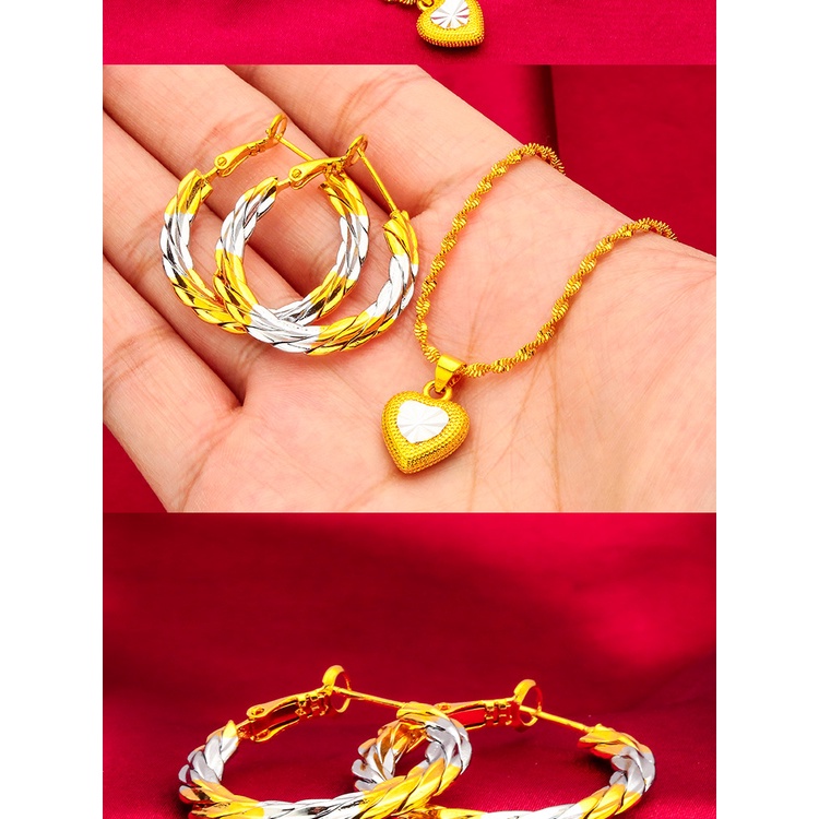 Goldkingdom Aksesoris Perhiasan Fashion Ready Stock Twist Earrings Wanita Double Gold and Silver Earrings Pendant Set