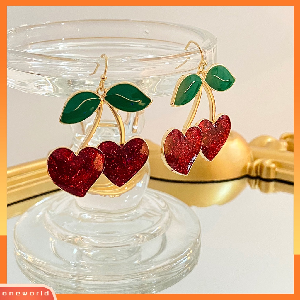 [EONE] 1pasang Anting Kait Lucu Bentuk Buah Daun Hijau Tetesan Minyak Cherry Merah Wanita Drop Earrings Fashion Perhiasan