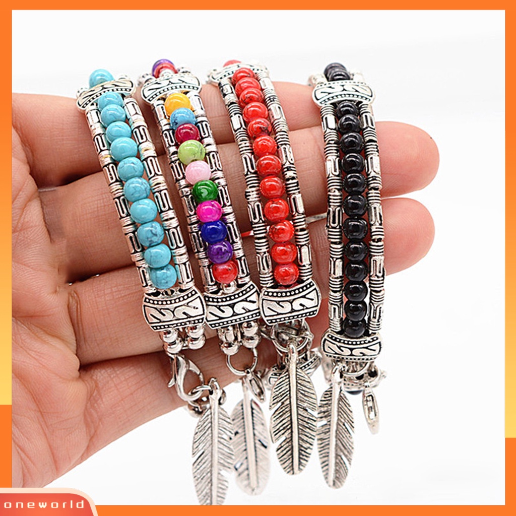 [EONE] Gelang Wanita Bentuk Bulu Bahan Alloy Imitasi Turquoise Tiga Lapis Women Bangles Untuk Hadiah