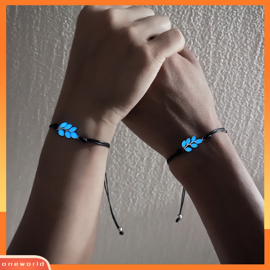 [EONE] 2 Pcs Pesona Gelang Daun Bercahaya Menawan Buatan Tangan Hias Adjustable Dekorasi Kepribadian Cahaya Biru Neon Gelang Perhiasan Aksesori