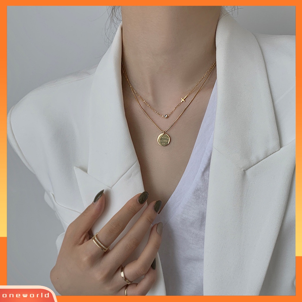 [EONE] Kalung Wanita Dua Lapisan Liontin Bulat Perhiasan Kalung Huruf Vintage Untuk Perjamuan