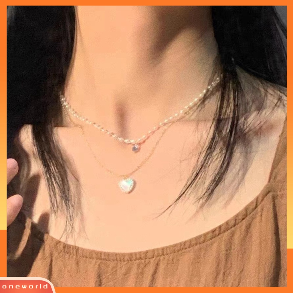 [EONE] Liontin Kalung Double Layer Kepribadian Hadiah Hari Valentine Paduan Bentuk Cinta Mutiara Imitasi Rantai Kalung Aksesoris Pacaran