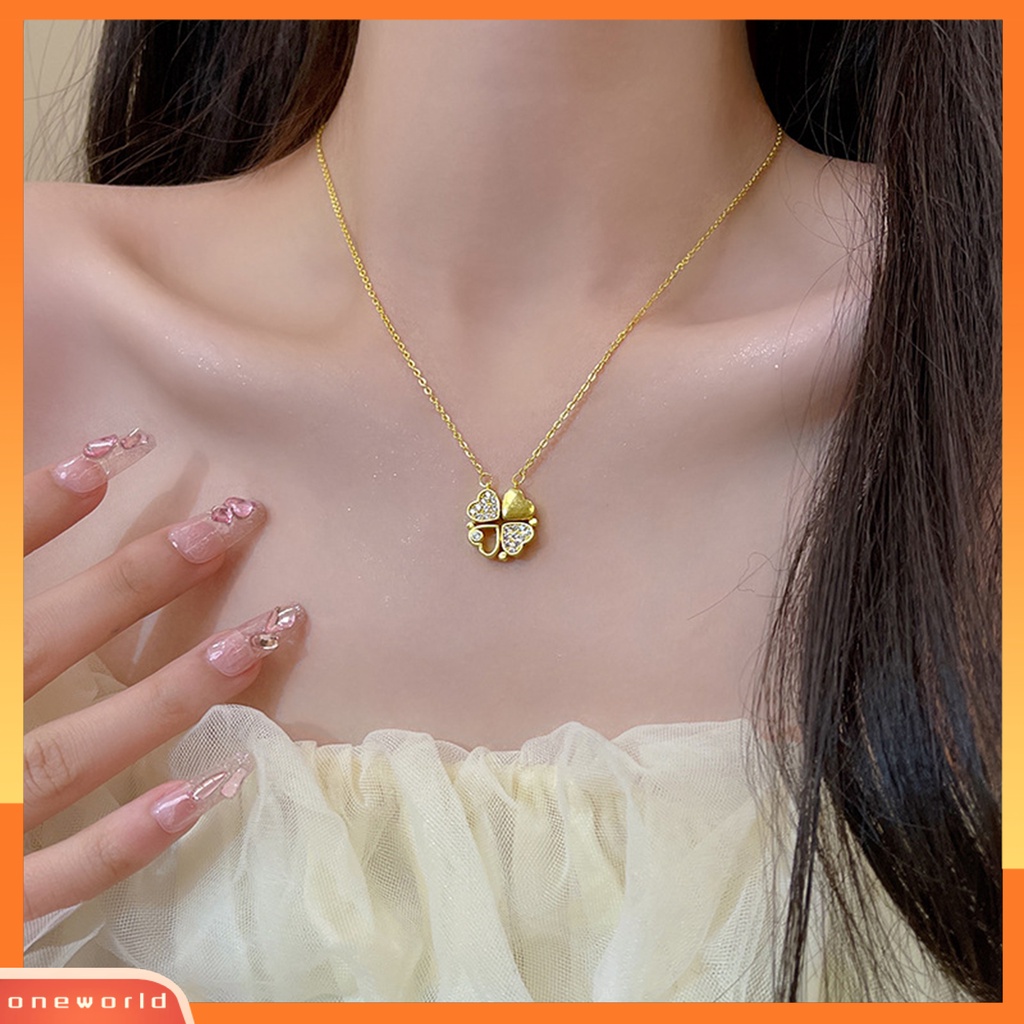 [EONE] Wanita Kalung ic Cinta Hati Mewah Baja Titanium Berlian Imitasi Tertanam Empat Daun Semanggi Liontin Kalung Fashion Perhiasan