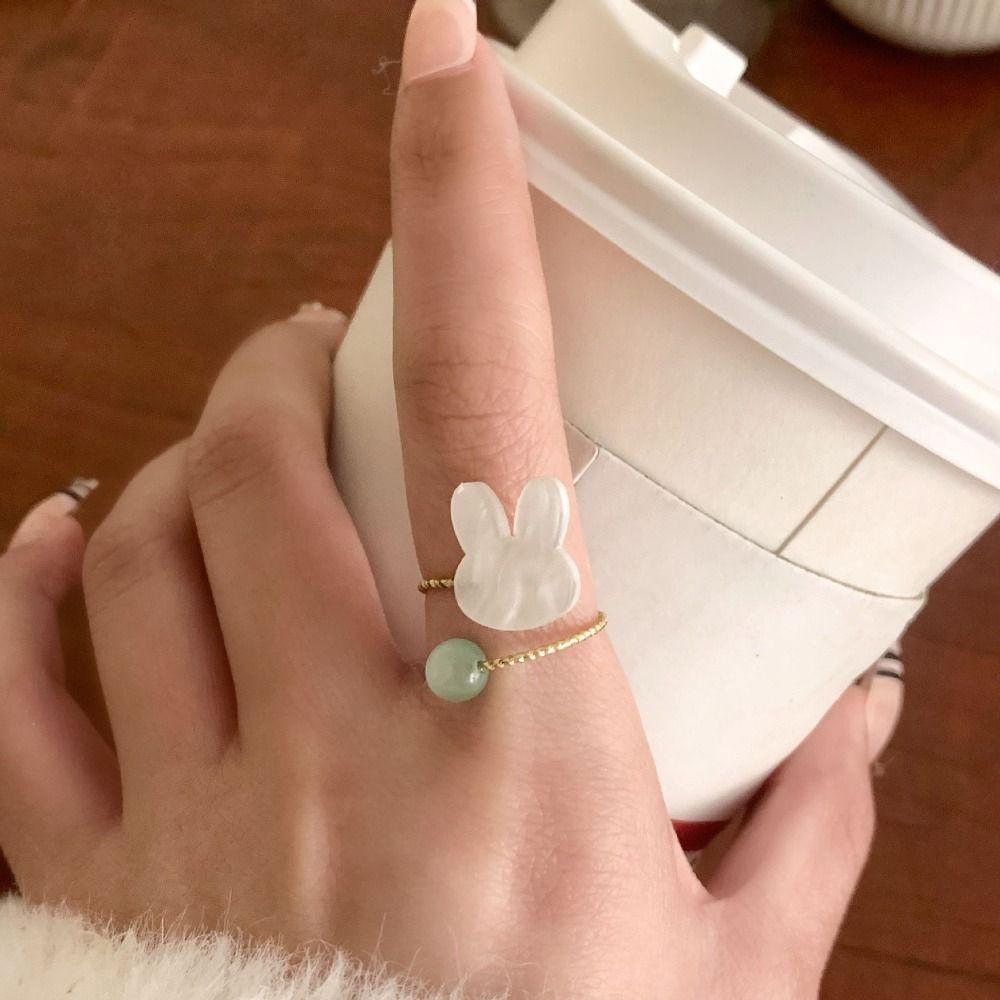 Mxbeauty Hetian Jade Open Ring Trendy Lucu Klasik Adjustable Alloy Chic Wanita Floral Ring