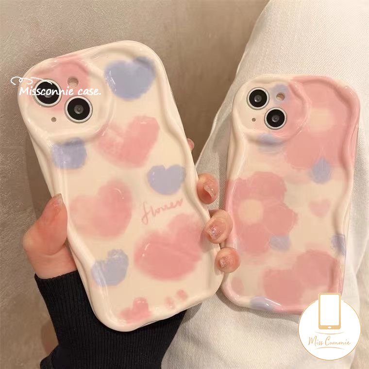 IPHONE Ins Tinta Cinta Hati Bunga Shockproof Case Kompatibel Untuk Iphone14 13 11 12 Pro Max 7Plus XR 6s 6 7 8 Plus X XS Max SE 2020 3D Wavy Curved Edge Glossy Airbag Soft Cover