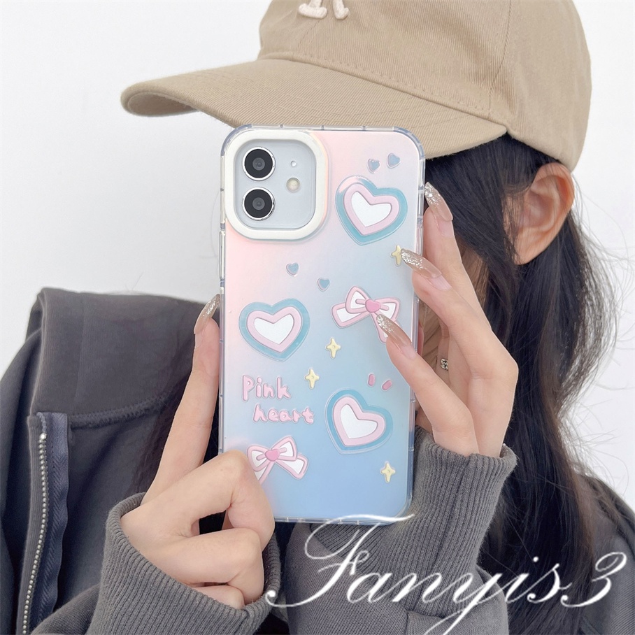 Compatible For IPhone 14 13 12 11 Pro Max X XR Xs Max 8 7 Plus SE 2020 Kompatibel Untuk Pink Love Heart Bow IMD Laser Gradient Phone Case TPU Lembut Shockproof Cover Pelindung