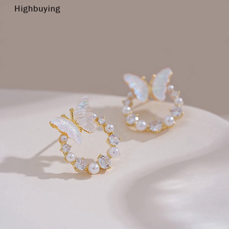 Hbid Korea Baru Fashion Shiny Butterfly Stud Earrings Untuk Wanita Halus Berlian Imitasi Mutiara Lingkaran Anting Pengantin Pernikahan Perhiasan Hadiah Glory