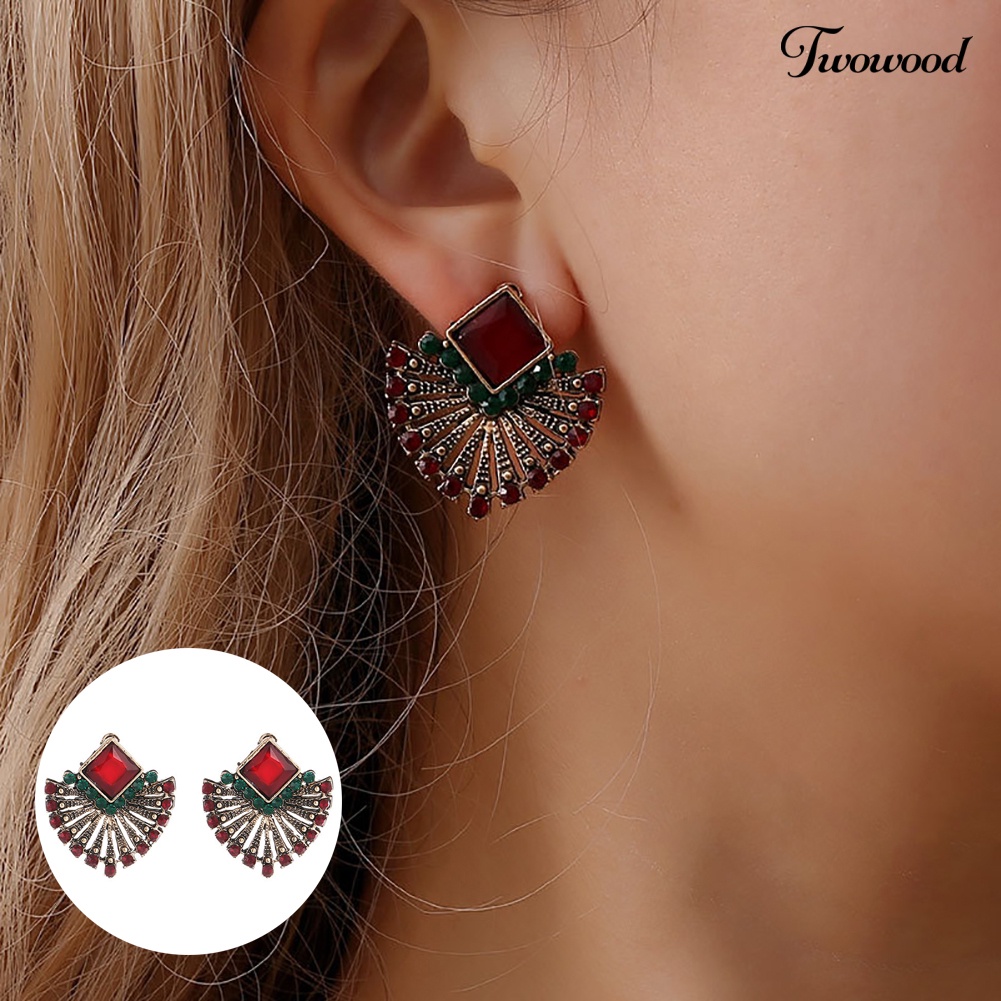 Twowood Wanita Vintage Gaya Etnik Berlian Imitasi Anting Berbentuk Kipas Bohemian Ear Stud Hadiah