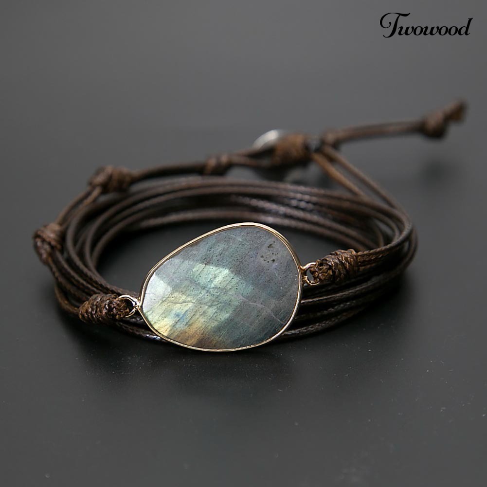 Twowood Boho Unisex Multi Layer Simpul Tali Lilin Labradorite Stone Charm Handmade Gelang