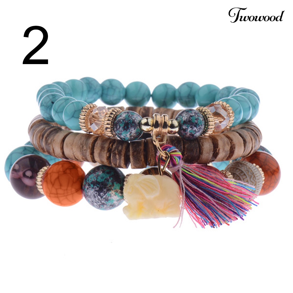 Twowood 3Pcs/Set Bohemian Wanita Gajah Rumbai Pesona Ceko Batu Manik-Manik Gelang Hadiah