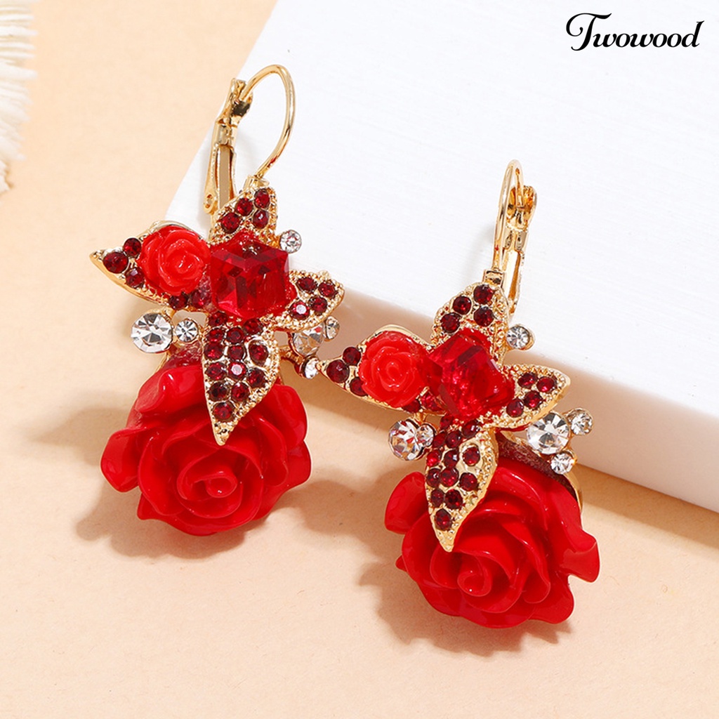 Twowood 1pasang Anting Wanita Bunga Berlian Imitasi Vintage Electroplating Tahan Lama Ear Buckle Earrings Untuk Pernikahan