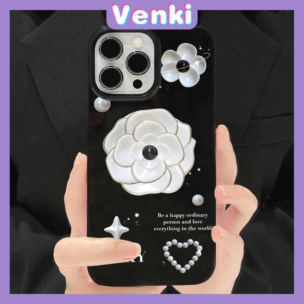 VENKI - For iPhone 11 iPhone Case Black Glossy TPU Soft Case Shockproof Protection Camera White Flowers Compatible with iPhone 14 13 Pro max 12 Pro Max xr xs max 7Plus 8Plus