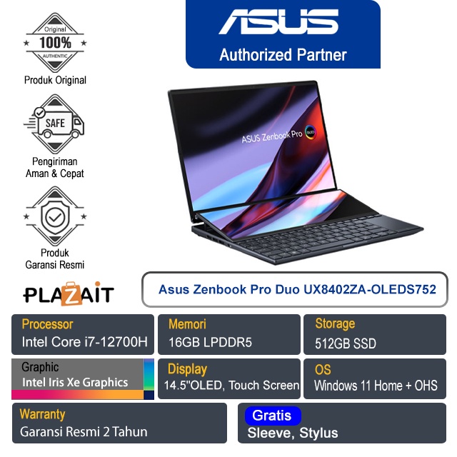 Asus Zenbook Pro Duo UX8402ZA-OLEDS752/Intel Core i7-12700H/16GB/512GB SSD/Intel Iris Xe Graphics/14.5″ OLED/Win11 Home + OHS/Tech Black/2Y