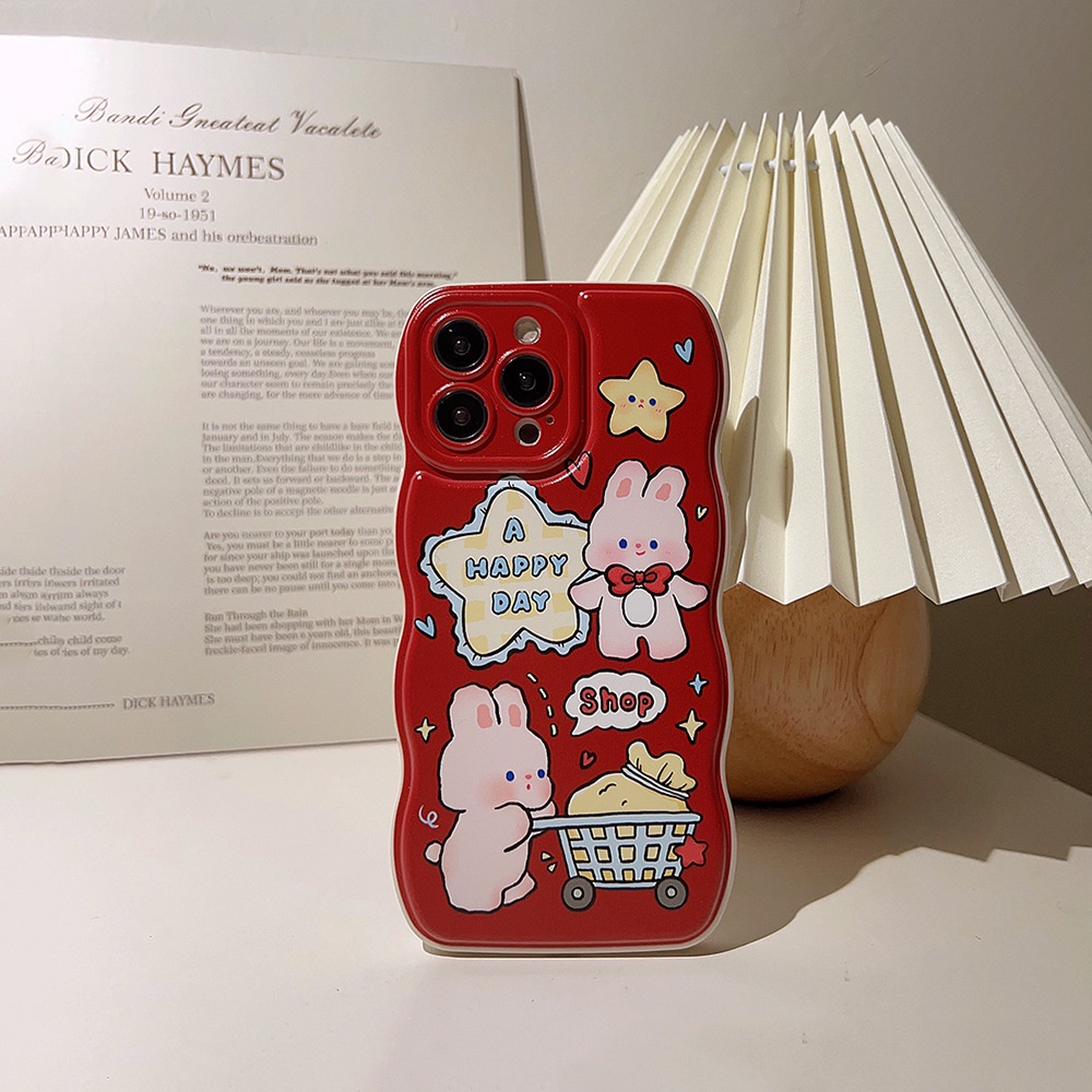 IPHONE Kartun Belanja Bunny Kelinci Anggur Merah Berbentuk Gelombang Perlindungan Penuh Casing Ponsel Cover Untuk Iphone11 12 13 14 PLUS PRO MAX