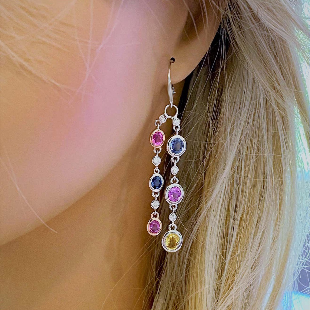 Goldkingdom Aksesoris Perhiasan Fashion Ready Stock Colorful Tourmaline Earrings Anting Gaya Panjang Anting Serbaguna Berlian Merah Muda Anting Warna Ganda