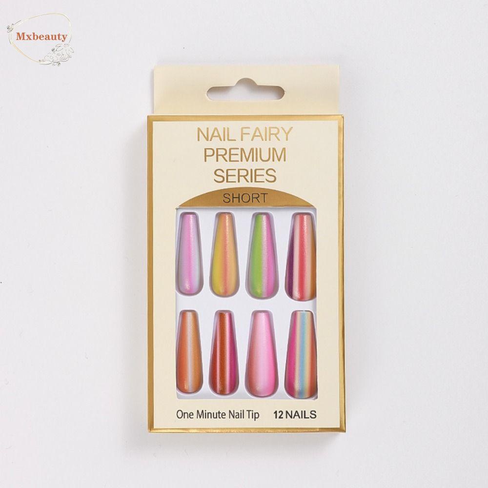 Mxbeauty Tambalan Kuku Panjang Wanita Fashion Dilepas Buatan Ultra-Tipis Gradasi Warna Pelangi Penuh Penutup Nail Art Tips