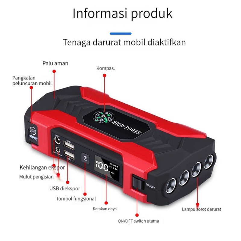 (ada stok, dikirim dari jakarta)40000mah Jumper aki mobil dan pompa ban power bank charger aki mobil - portable mobil battery charger 600A/12V charger isi baterai accu daya cas energy power supply jump starter (dengan pompa udara mobil)