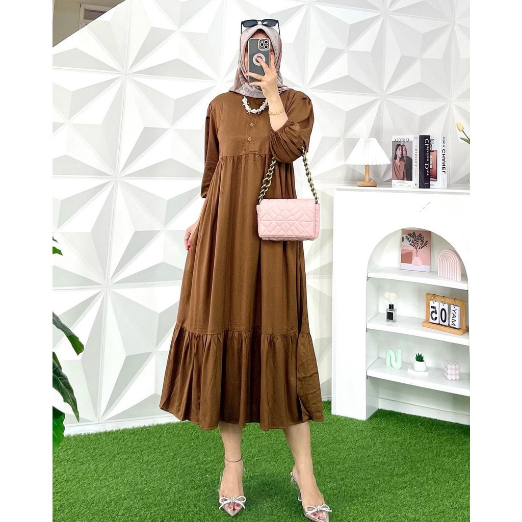 Naya Midi Dress Polo Linen Gamis Musilm Modern Premium Termurah