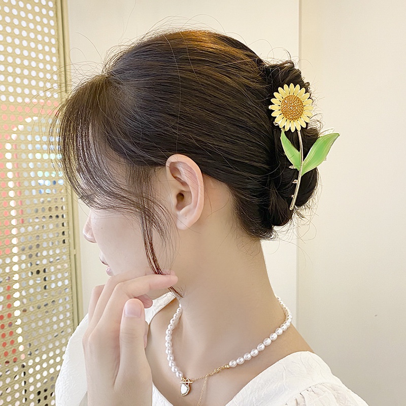 Korean Personalized Alloy Sunflower Hair Claw/Klip Hiu Logam Mawar Elegan/Hiasan Kepala Aksesoris Rambut Wanita