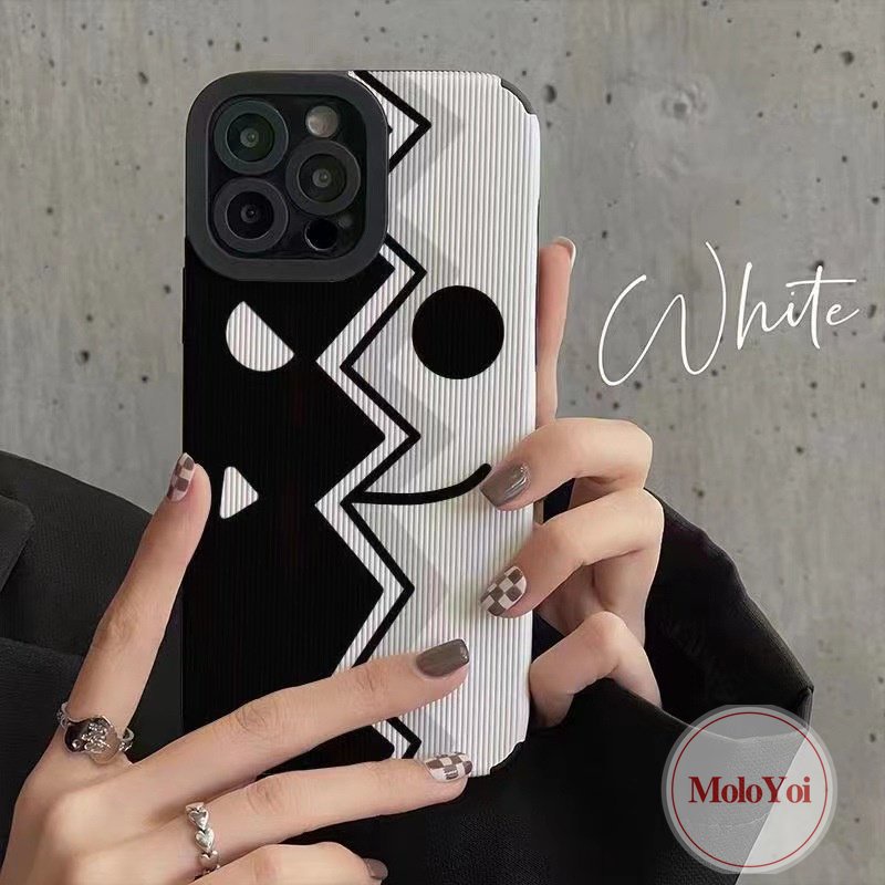 IPHONE Kartun Lucu Kreatif Setan Hitam Dan Putih Wajah Kembali Case Kompatibel Untuk Iphone11 13 14 12 Pro Max7 8 Plus XR XS X MAX 7Plus Tekstur Kulit Mewah Lembut Silikon Ponsel Cover