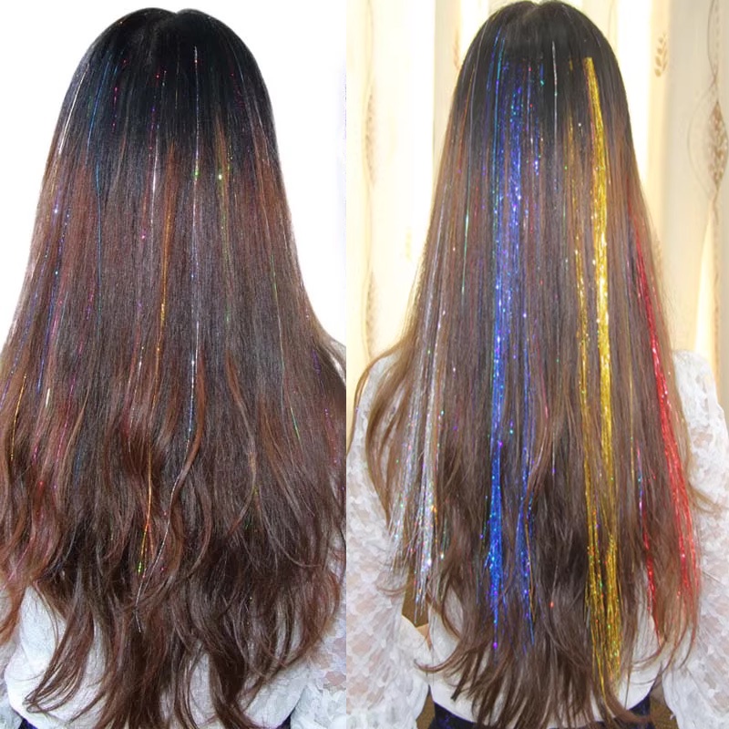 Wig Ekstensi Rambut Mengkilap Warna-warni Sutra Emas Laser Sutra Potongan Rambut Lurus Tenun Wig - SG