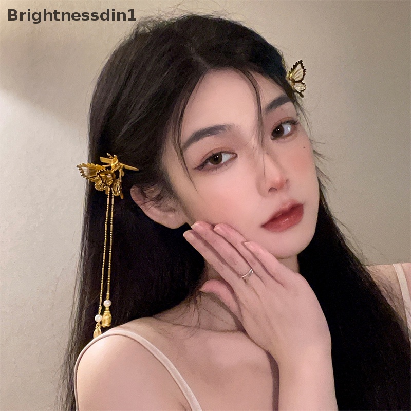 [Brightnessdin1] Retro Peri Bergerak Kupu-Kupu Jepit Rambut Berlian Imitasi Mutiara Rumbai Duckbill Klip Cocok Untuk Gadis Liontin Jepit Rambut Aksesoris Rambut Butik