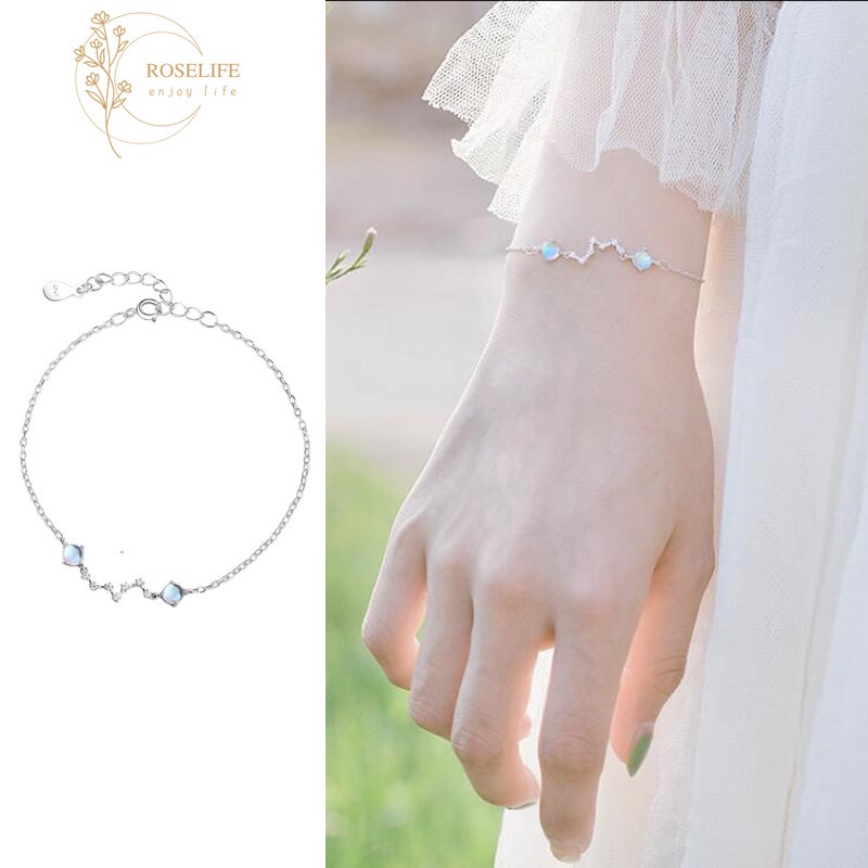 Roselife S925 Perak Gayung Besar Biru Moonstone Pesona Langit Berbintang Gelang Untuk Wanita Gadis Elegan Beruntung Gelang Fashion Pergelangan Tangan Rantai Perhiasan Hadiah