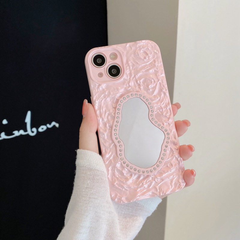 【Rose Flower Mirror】Fashion Pretty Make up Bling Silicone Case for iPhone 11 12 13 14 Pro Max Phone Case for Women Girl Gift Pink Ins