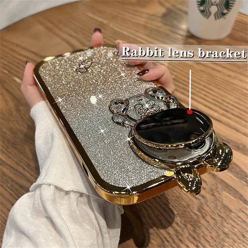 Deluxe electroplated rabbit stand protection camera Case iPhone 14 Pro Max 13 Pro Max 12 Pro Max Tersegel Penuh anti Jatuh flash powder Case