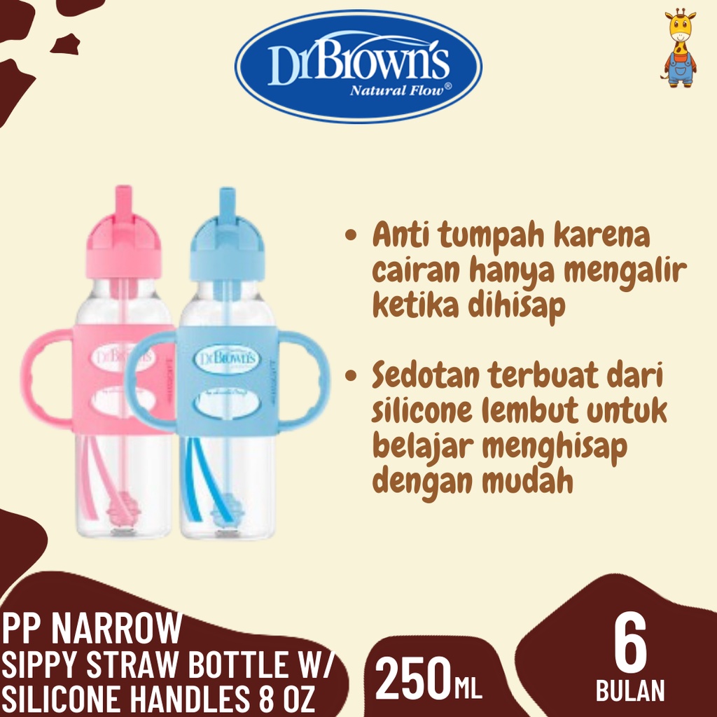 Dr.Brown's 8oz PP Narrow Sippy Straw Bottle W/Silicone Handles