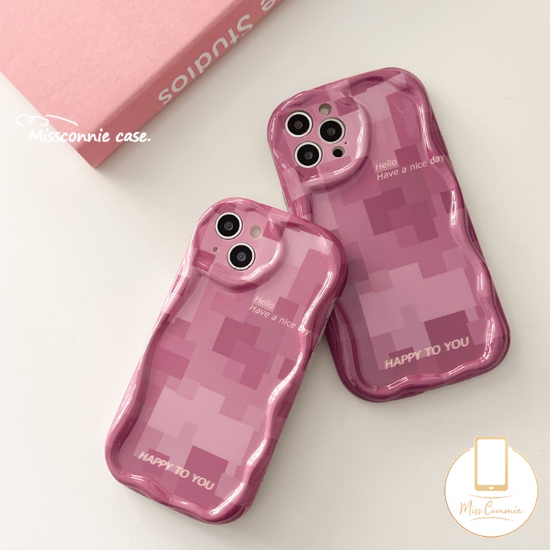 IPHONE Shockproof Phone Cover Kompatibel Untuk Iphone11 14 12 13 Pro Max X7 8 6s 6 Plus XR XS Max SE 2020 7Plus Kreatif Rose Pink Lattice 3D Wavy Curved Edge Soft Glossy Case