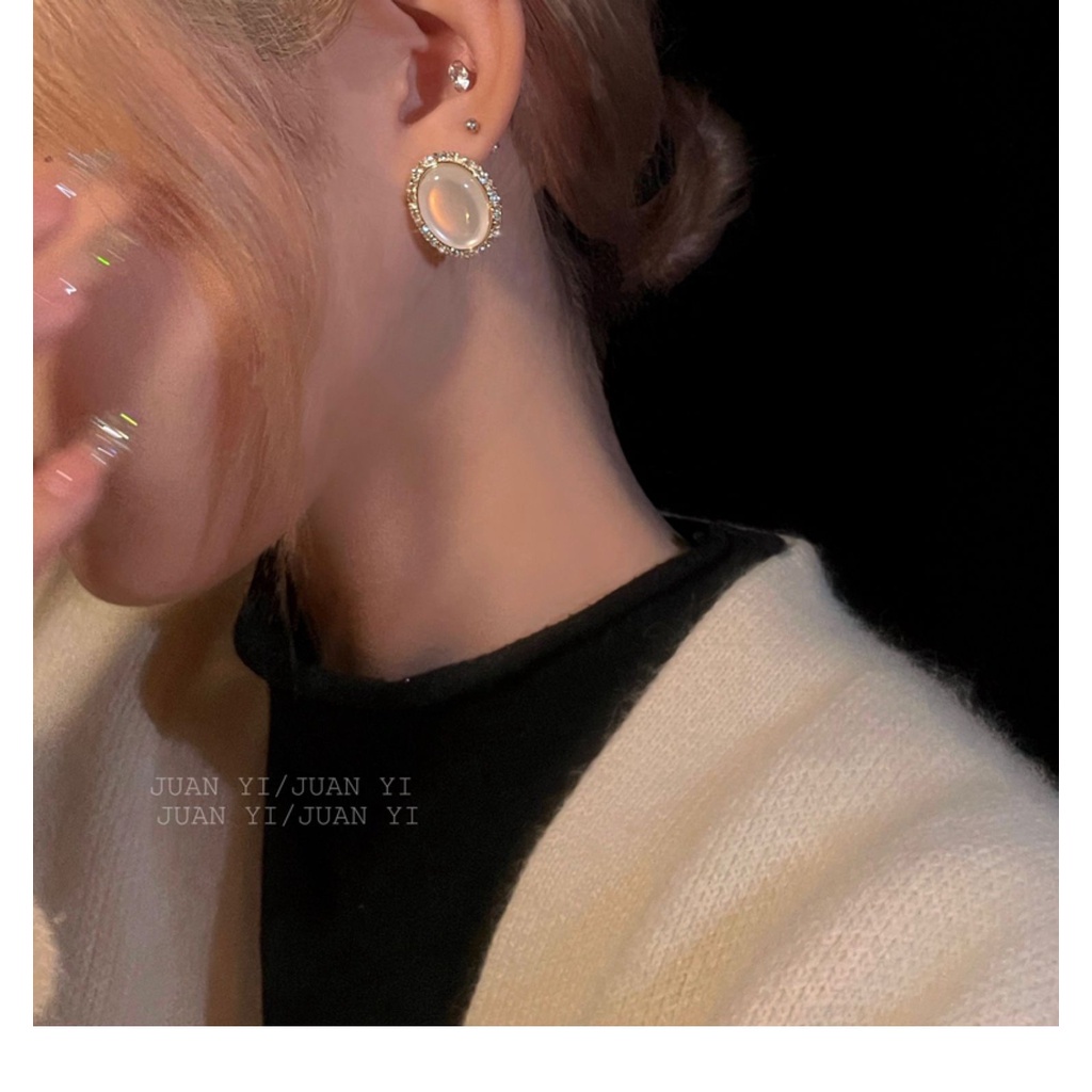 925jarum Perak Gaya Istana Retro Opal Anting Fashion Elegan Sastra Oval Anting Earrings Wanita