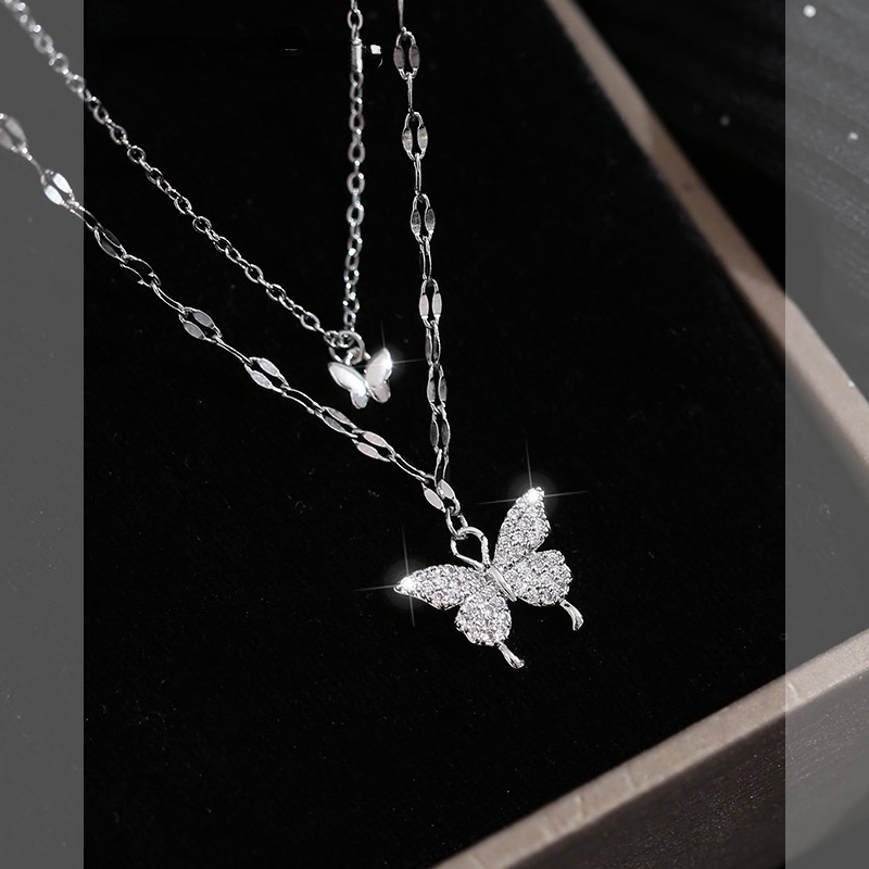 Ins Korea Double-layer Butterfly Necklace Bling Musim Panas Kalung Choker Rantai Tulang Selangka