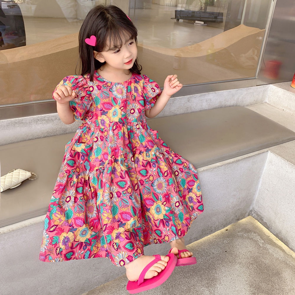 2-6 years old girls floral dress summer new children's foreign style short-sleeved princess dress baby summer cotton skirt