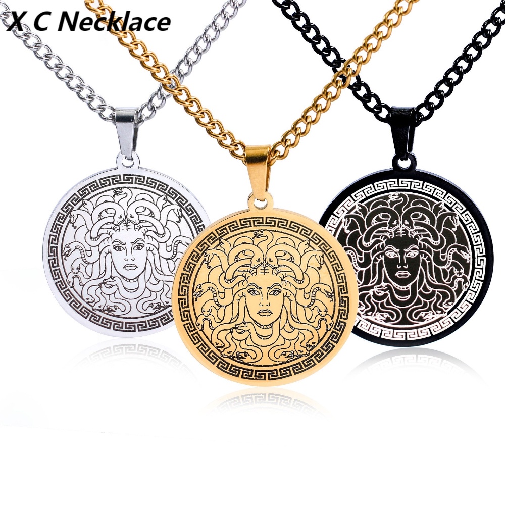 [X C Kalung] Emas &amp; Perak Baru Hip Hop Punk Vintage Mitologi Yunani: Ular Gadis Medusa Titanium Steel Liontin Anti Karat Kalung Pria Dan Wanita Hadiah Liburan Perhiasan