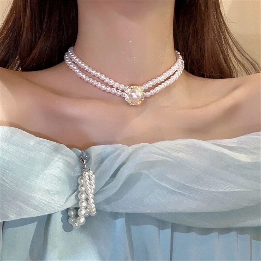 Vintage Hong Kong Gaya Oval Zamrud Hepburn Temperamen Perancis Double Layer Mutiara Kalung Kerah Rantai Anting Pengantin Set Permen Perhiasan